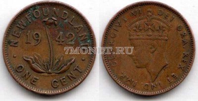 монета Ньюфаундленд 1 цент 1942 год Георг VI