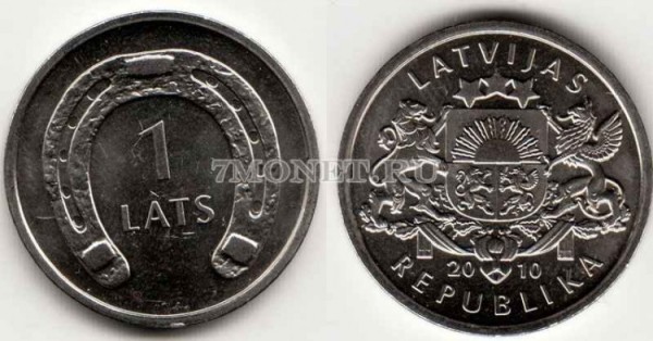 монета Латвия 1 лат 2010 год подкова, повернутая вверх