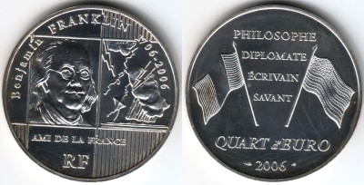 монета Франция 1\4 евро 2006 год Франклин 