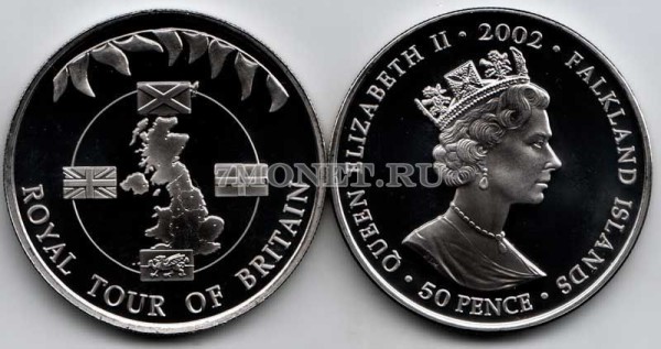 монета Фолклендские острова 50 пенсов 2002 год золотой юбилей Елизавета II - карта и флаги Великобритании