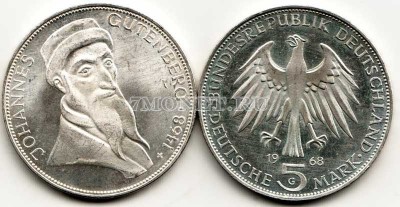 монета Германия 5 марок 1968G год 500 лет со дня смерти Иоганна Гутенберга