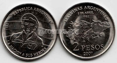 Аргентина 2 песо 2007 год герои Мальвинских островов