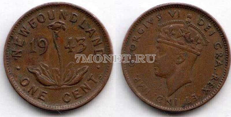 монета Ньюфаундленд 1 цент 1943 год Георг VI