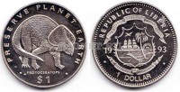 монета Либерия 1 доллар 1993 год протоцератопс