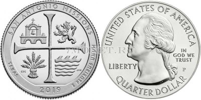 США 25 центов 2019Р Техас Национальный Исторический Парк Миссии Сан-Антонио, ...