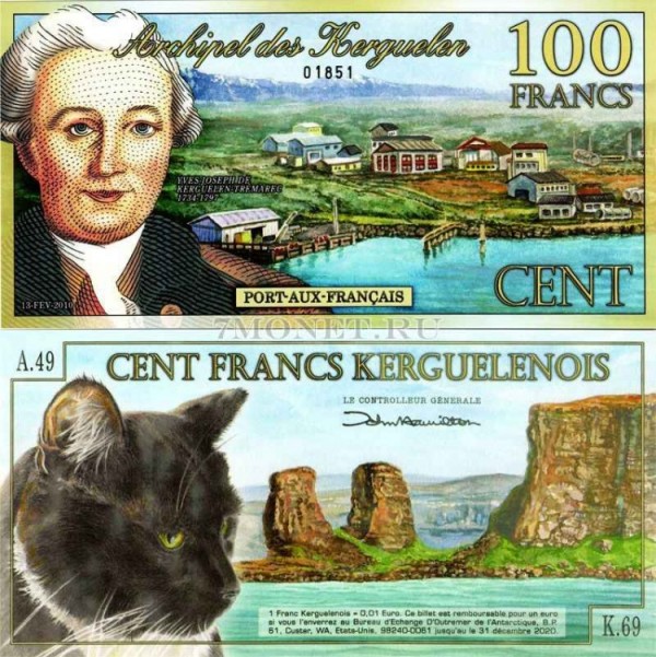 бона 100 франков архипелаг Кергелен 2012 год Кошка, пластик