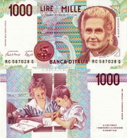 бона Италия 1000 лир 1990 год Мария Монтессори