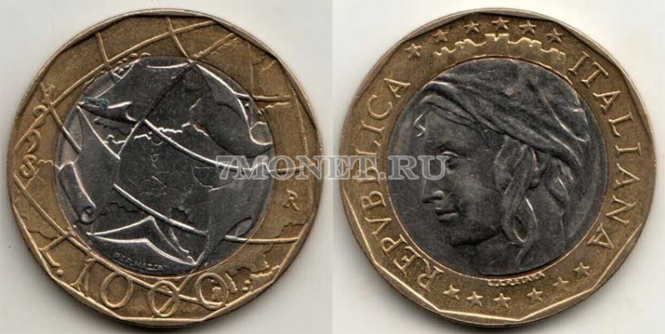 монета Италия  1000 лир 1998 год Евросоюз, правильная карта