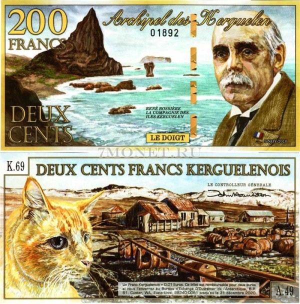 бона 200 франков архипелаг Кергелен 2010 год Кошка, пластик
