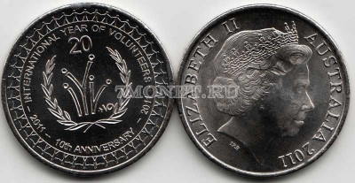 монета Австралия 20 центов 2011 год 10 лет Международному году волонтеров