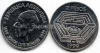 монета Аргентина 2 песо 1999 год 100 лет со дня рождения Хорхе Луиса Борхеса