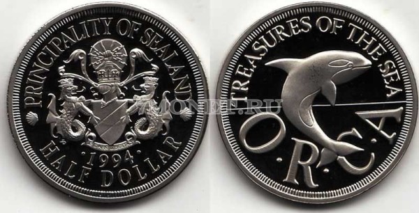 монета Силенд 0,5 доллара 1994 год Сокровища моря. Косатка