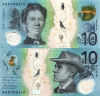 бона Австралия 10 долларов 2017 год Ендрю Бартон Петерсон, с метками для слепых, пластик