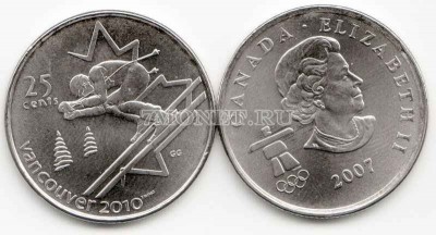 монета Канада 25 центов 2007 год XXI Зимние Олимпийские Игры 2010 года в Ванк...