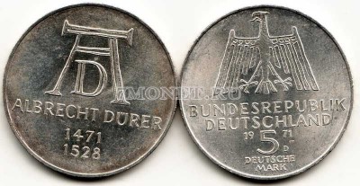 монета Германия 5 марок 1971D год 500 лет Альбрехту Дюреру