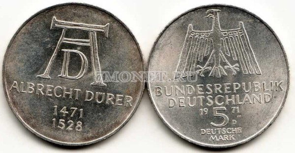 монета Германия 5 марок 1971D год 500 лет Альбрехту Дюреру