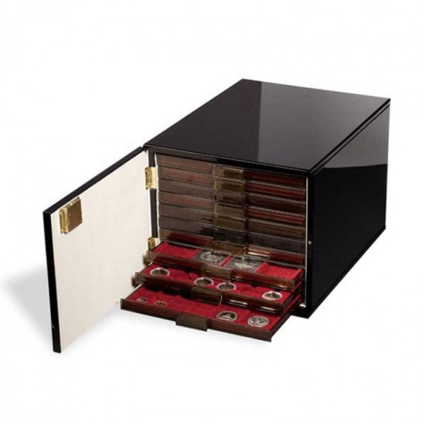 Кофр для 10 монетных боксов с внешней отделкой - чёрный лак