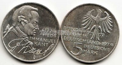 монета Германия 5 марок 1974D год 250 лет со дня рождения философа Иммануила ...