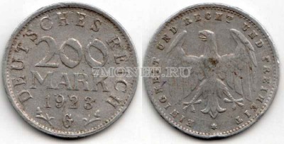 монета Германия 200 марок 1923G год