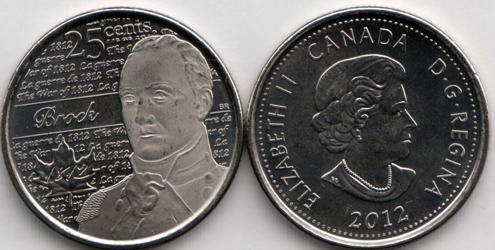 монета Канада 25 центов 2012 год Война 1812 года. Генерал-майор Исаак Брок