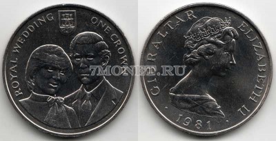 монета Гибралтар 1 крона 1981 год свадьба принца Чарльза и леди Дианы
