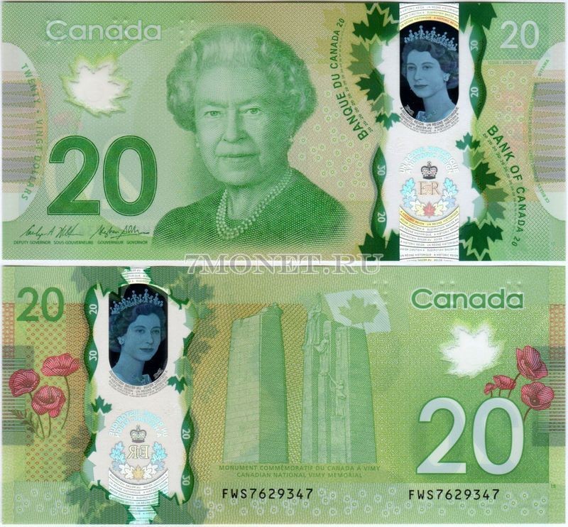 бона Канада 20 долларов 2015 год пластик