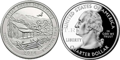 США 25 центов 2014Р год штат Теннесси Национальный парк Грейт-Смоки-Маунтинс,...