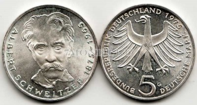 монета Германия 5 марок 1975G год сто лет со дня рождения Альберта Швейцера