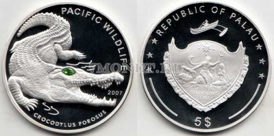 монета Палау 5 долларов 2007 год крокодил, PROOF, кристалл Сваровски
