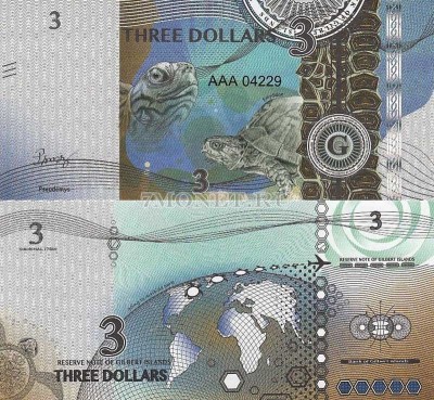 бона Острова Гилберта 3 доллара 2016 год Красноухая черепаха