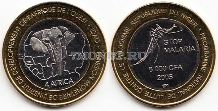 монета Нигер 6000 франков КФА (4 африка) 2005 год Стоп малярия!