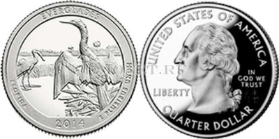 США 25 центов 2014Р год штат Флорида Национальный парк Эверглейдс, 25-й