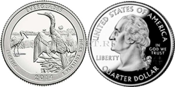 США 25 центов 2014Р год штат Флорида Национальный парк Эверглейдс, 25-й