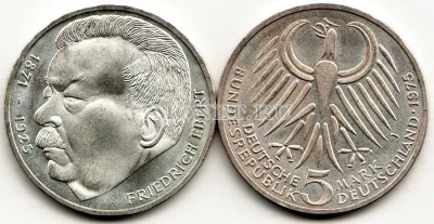 монета Германия 5 марок 1975J год 50 лет со дня смерти Фридриха Эберта