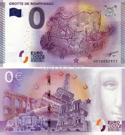 0 евро 2015 год сувенирная банкнота. Руффиньяк - пещера "Тысячи мамонтов...