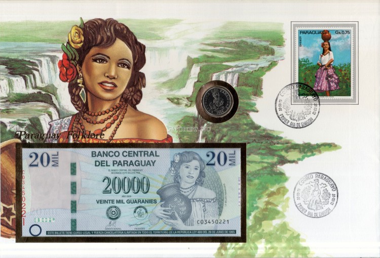 банкнота Парагвай 20000 гуарани 2013 год и монета 5 гуарани 1984 год в конверте