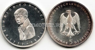 монета Германия 5 марок 1977G год 200 лет со дня рождения Генриха фон Клейста