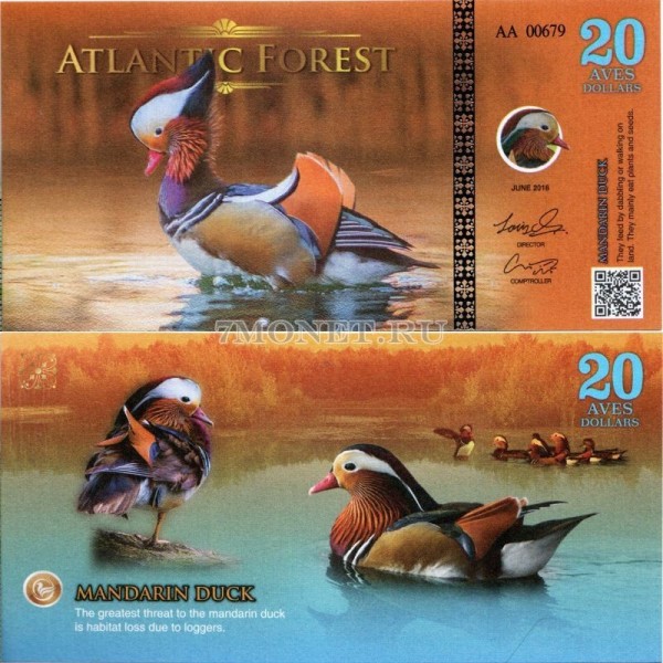 бона Атлантический лес (Южной Америки) 20 долларов 2016 год Утка мандаринка