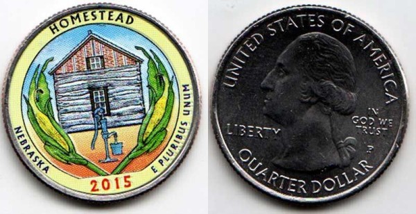 США 25 центов 2015 год штат Небраска Национальный монумент Гомстед, 26-й, эмаль