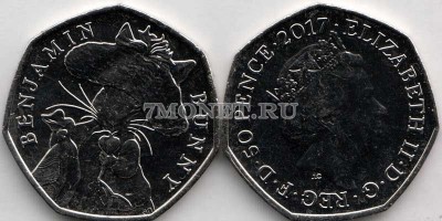 монета Великобритания 50 пенсов 2017 год Кролик Бенджамин Банни - 150 лет со ...