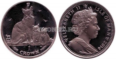 Остров Мэн 1 крона 2014 год кошка с котятами