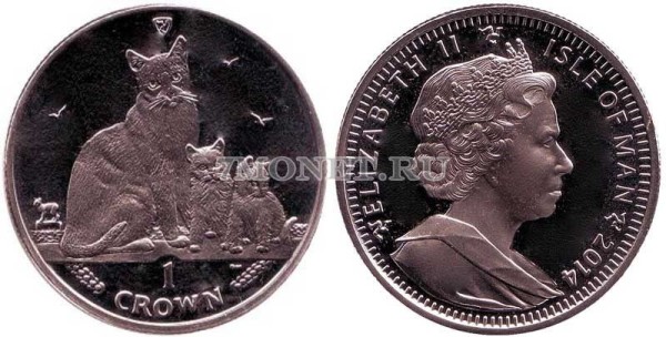 Остров Мэн 1 крона 2014 год кошка с котятами