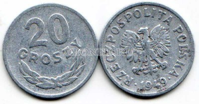монета Польша 20 грошей 1949 год
