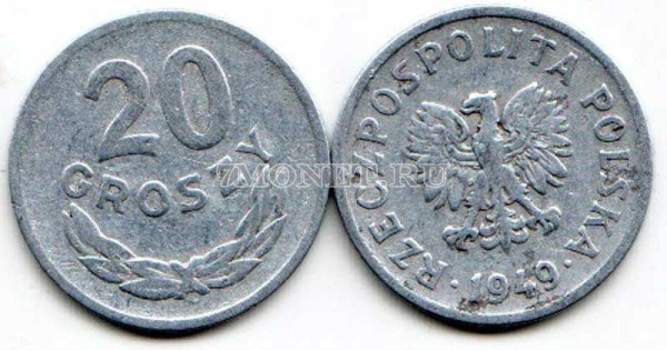 монета Польша 20 грошей 1949 год