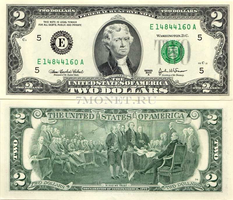 банкнота США 2 доллара 2003 год