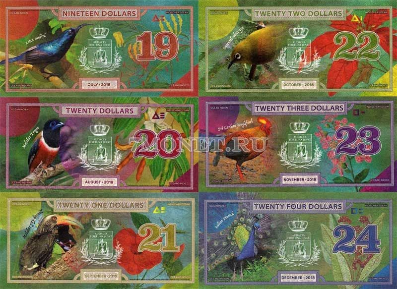 Индийский океан набор из 6-ти банкнот 19-24 долларов 2018 год Птицы и бабочки