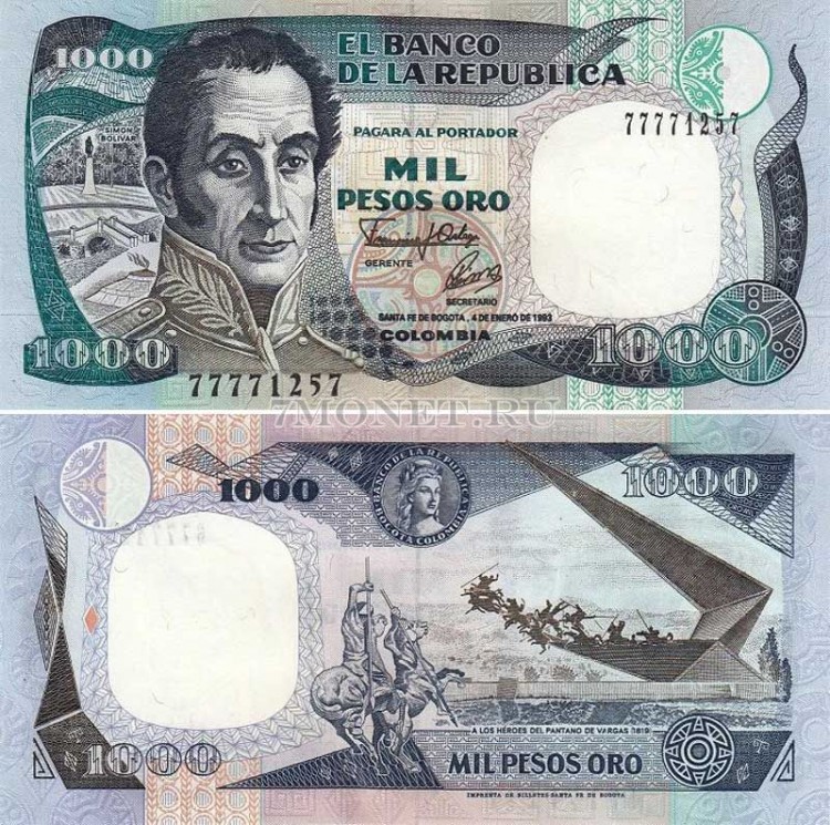 бона Колумбия 1000 песо 1992 год