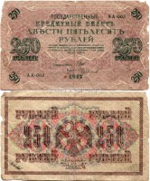 бона 250 рублей 1917 год Шипов, Советское правительство, Состояние: плохое