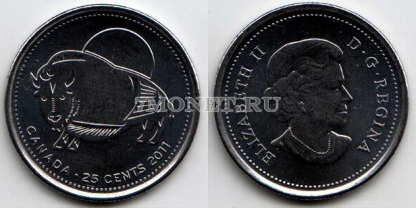 монета Канада 25 центов 2011 год Бизон