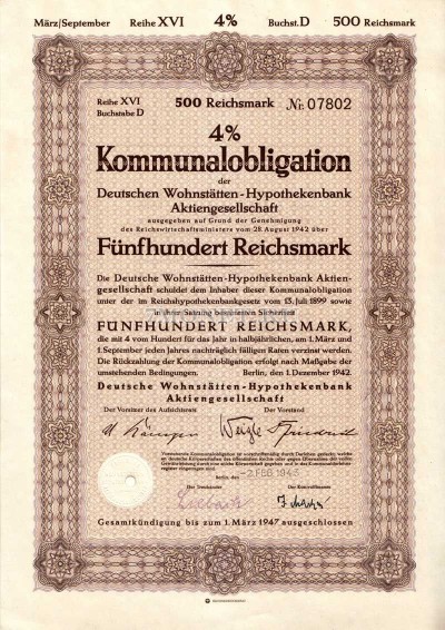 Германия Облигация 100 Рейхсмарок 1943. Берлин  